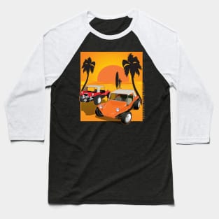 Red and Orange Dune Buggies on Beach w Sunset Baseball T-Shirt